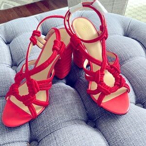 Cabi Tip Toe Hibiscus Red Block Heels Nautical Rope Sandals Womens 9 Coral 6012
